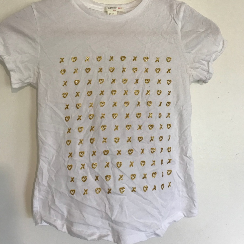 White T-shirt with gold XO’s. Youth.